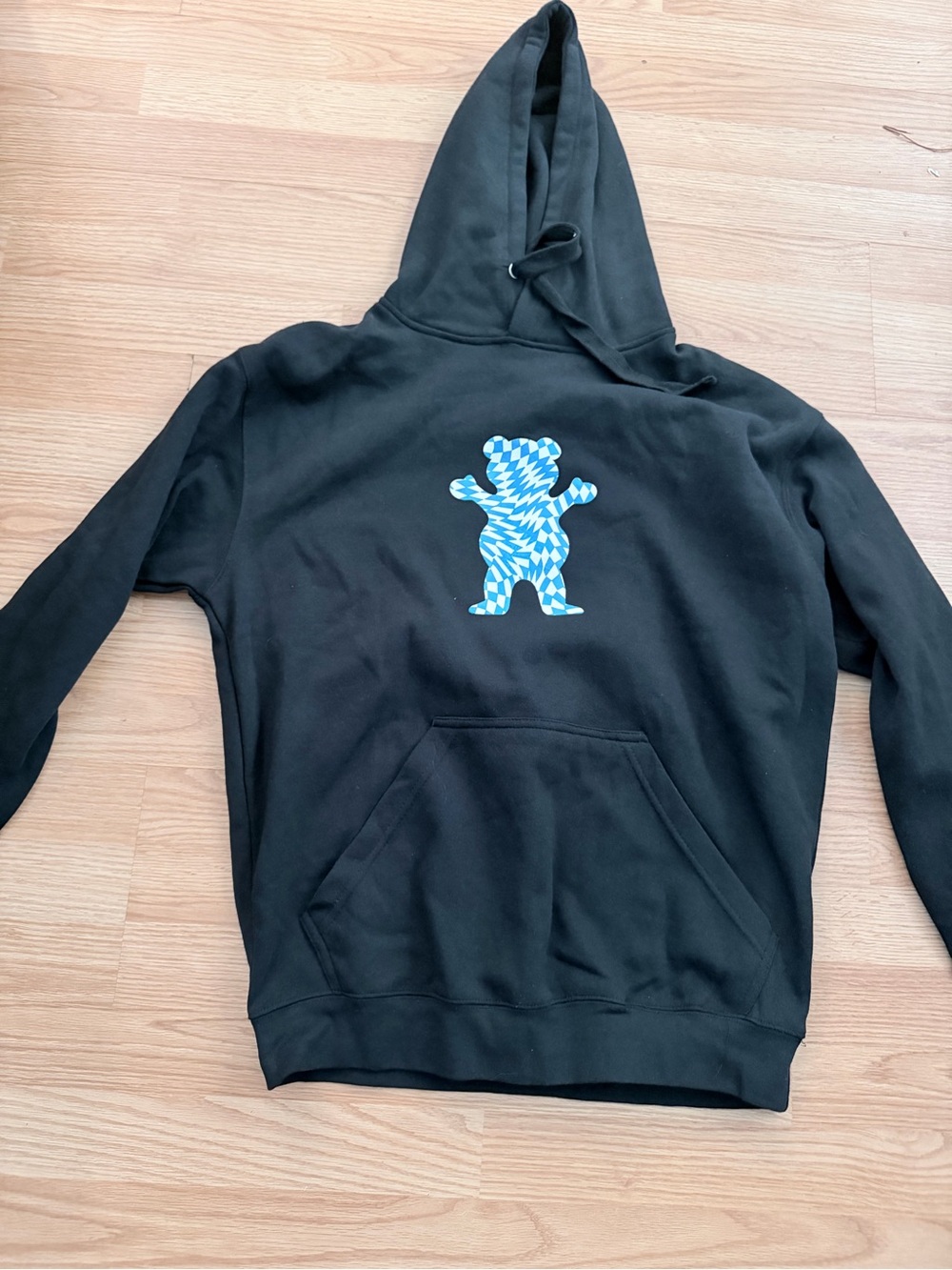 Men's Black Crewneck Hoodie with Blue Bear Graphic